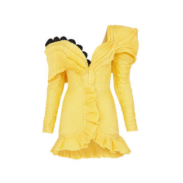 Yellow One Shouldered Mini Dress With Ruffles