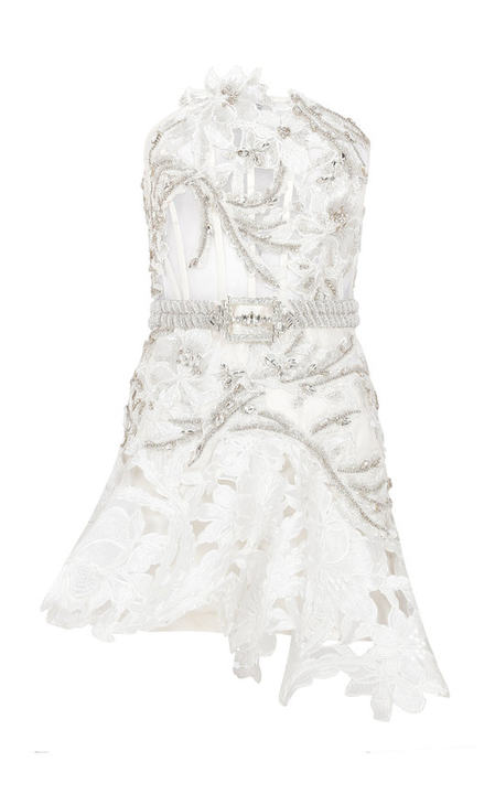 White Strapless Mini Dress With Lace And Embroidery展示图