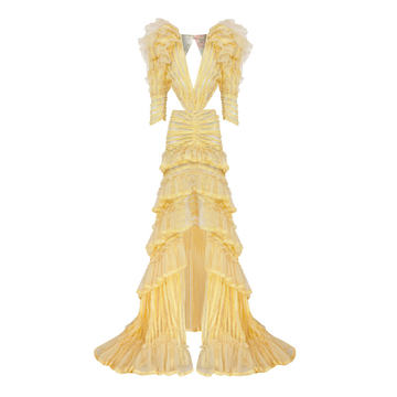 Ruffled Yellow Maxi Dress With Puffy Shoulders