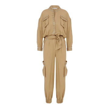 Camel Jumpsuit With Embellished  Pockets