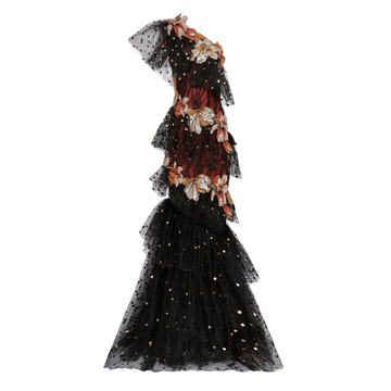 Strass Embellished One Shoulder Ruffled Dress With Floral Embroidery