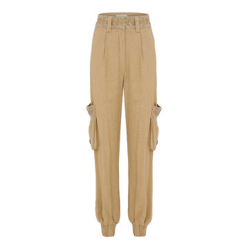 Camel Cargo Pants With Embellished Pockets