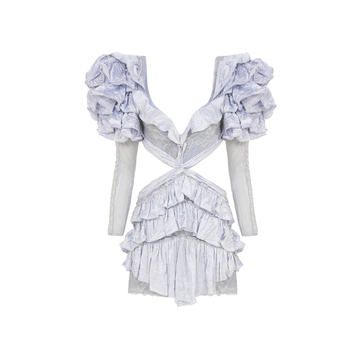 Baby Blue Strass Embellished Ruffled Lace Mini Dress With Windows