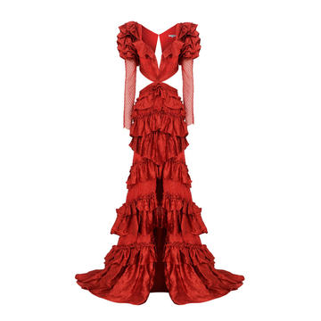 Red Maxi Dress With Lace Detailed And Ruffles