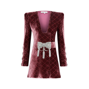 Bow-Detailed Velvet Mini Dress