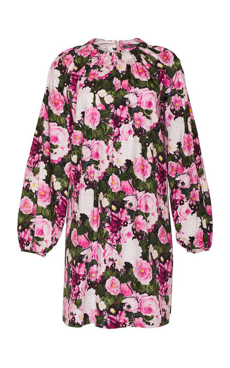 Floral Printed Cotton Tunic Dress With Ruched Neckline展示图