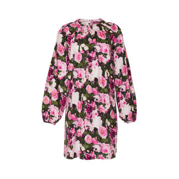 Floral Printed Cotton Tunic Dress With Ruched Neckline