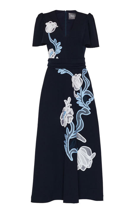 Floral Embroidered Fluid Crepe Flutter Sleeve Midi Dress展示图