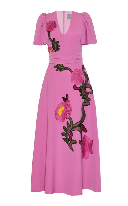 Floral Embroidered Fluid Crepe Flutter Sleeve Midi Dress展示图