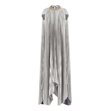 Chain-Detailed Pleated Silk-Blend Lam�� Cape Dress