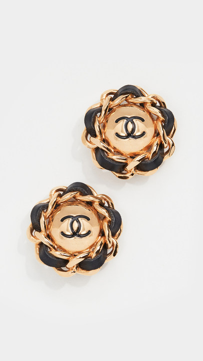 Chanel Gold Leather Chain Round Earrings展示图