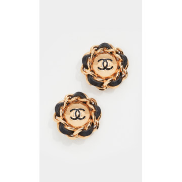 Chanel Gold Leather Chain Round Earrings