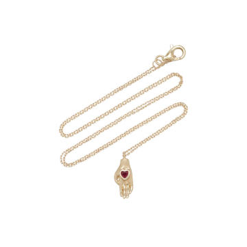 Heart in Hand 14K Yellow Gold Ruby Necklace