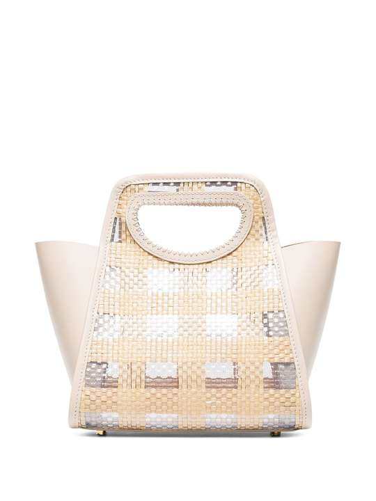 neutral Cupidon small leather and raffia tote bag展示图