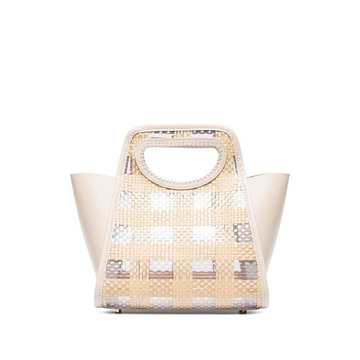 neutral Cupidon small leather and raffia tote bag