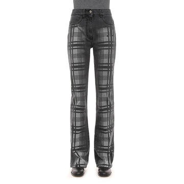 Hand Treated Tartan Printed Denim Trousers