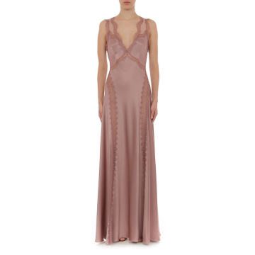 Satin Sleeveless V Neck Gown With Lace Trim