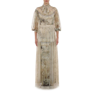 Trompe L'Oeil Printed Chiffon Gown With Necktie And Flounced Sleeves