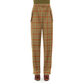 Tartan Wool Pleated Buckle Pant