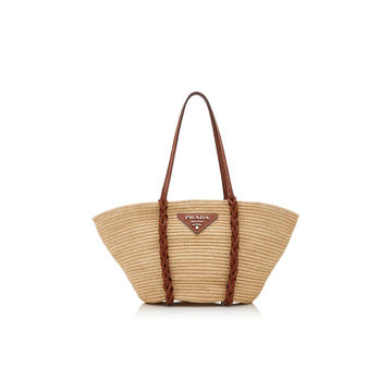 Leather-Trimmed Straw Tote Bag