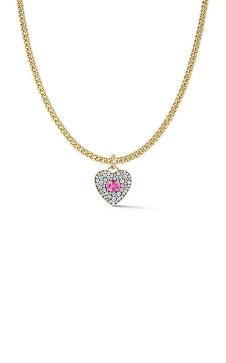 18K Yellow Gold Toujours Chain & Large Pink Sapphire & Diamonds Heart Pendant展示图