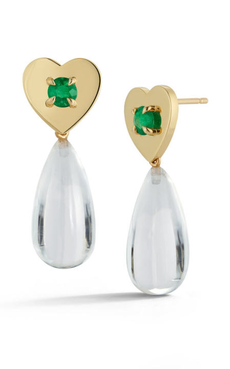18K Yellow Gold Prive Heart Studs With Emeralds & Removable Rock Crystal Drops展示图