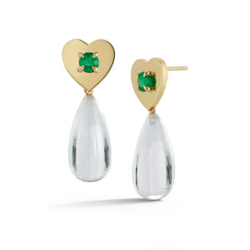 18K Yellow Gold Prive Heart Studs With Emeralds & Removable Rock Crystal Drops