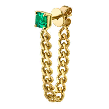 18K Yellow Gold Emerald Cuban Link Loop Earring