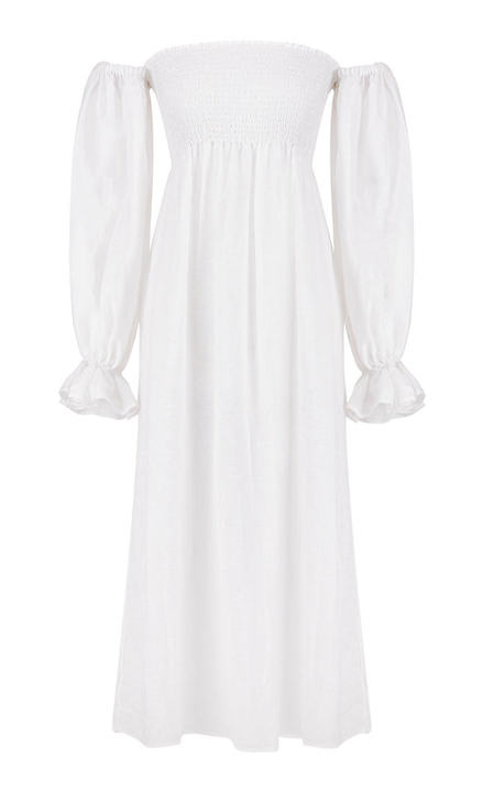 Atlanta Smocked Linen Off-The-Shoulder Midi Dress展示图