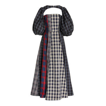 Balloon-Sleeve Checked Patchwork Midi Dress