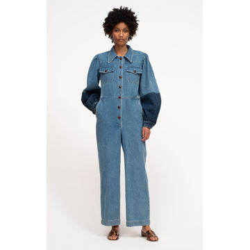 Zariyah Puffed-Sleeve Denim Jumpsuit