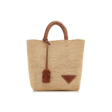 Leather-Trimmed Raffia Tote