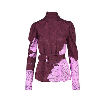 Illusional Perspective Belted Satin-Jacquard Turtleneck Top