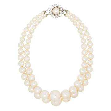 silver tone crystal and faux pearl necklace