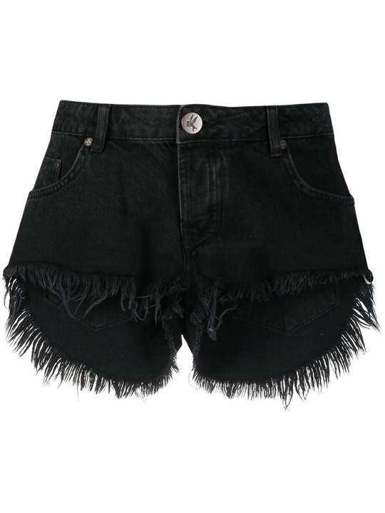 high rise frayed-edge denim shorts展示图