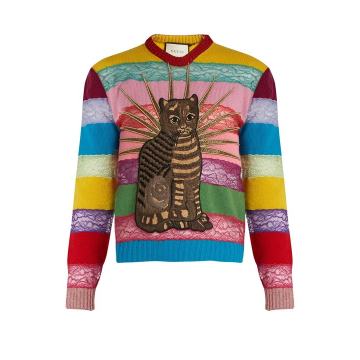 Cat-appliqué panelled lace and wool sweater