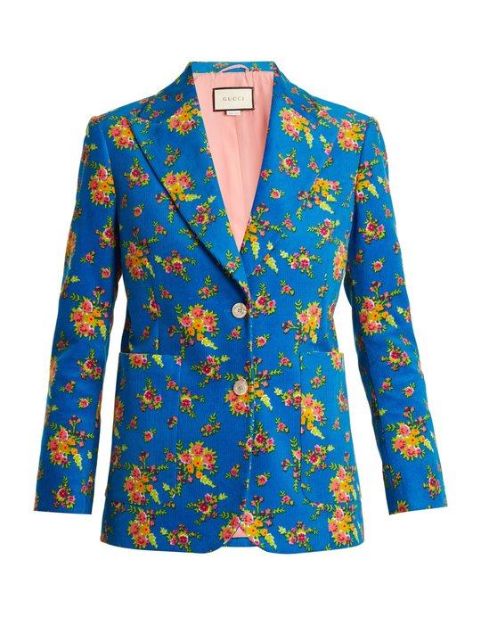 Single-breasted floral-print corduroy jacket展示图