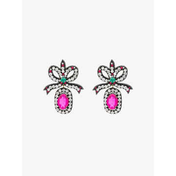 pink crystal embellished bow earrings