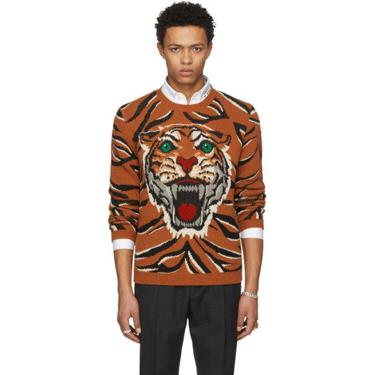 Orange 'Guccy' Tiger Intarsia Sweater展示图