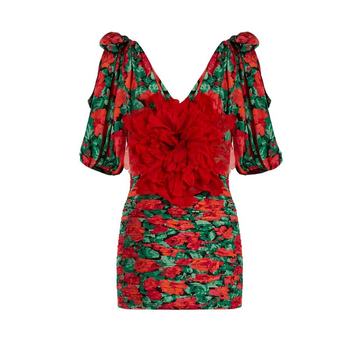 Flower-embellished ruched silk mini dress