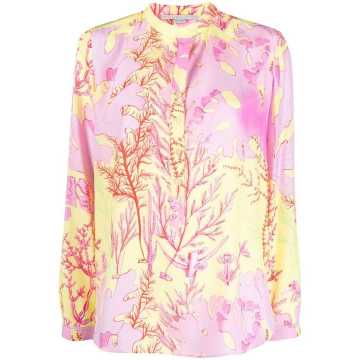 coral-print silk shirt
