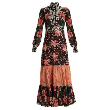 Floral patchwork-print stand-collar crepe dress