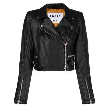 zip-up leather biker jacket
