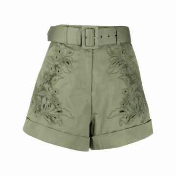 embroidered belted-waist shorts