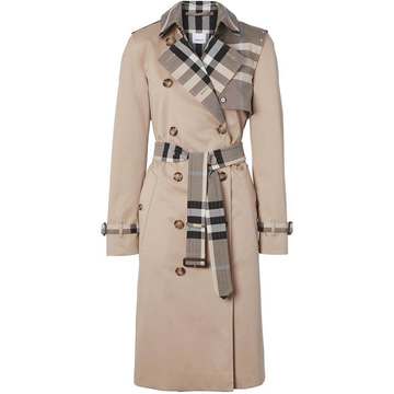 check-panel gabardine trench coat