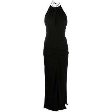 halterneck ruched maxi dress