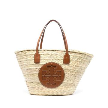 logo-patch straw shoulder bag