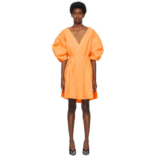 橙色灯笼袖连衣裙展示图