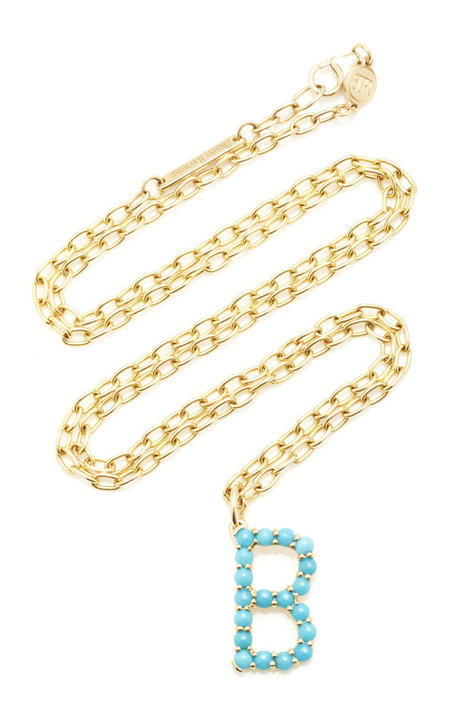 18K Yellow Gold and Turquoise Cabochon Confetti Letter Pendant展示图