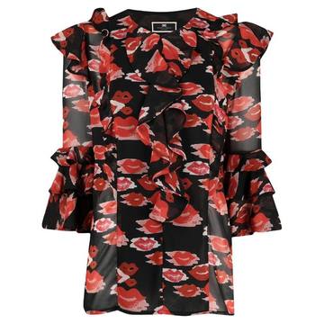 lipstick-print ruffled blouse